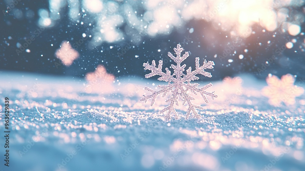 Poster a snowflake close-up in a field with snowflakes below