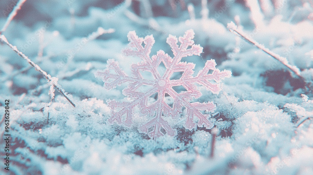Poster a close-up of a snowflake on a patch of grass with snowflakes in the foreground
