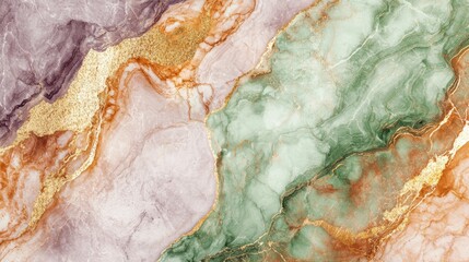 Naklejka premium Green, pink and purple marble texture with gold veins creating an abstract painting effect, perfect for backgrounds and design projects