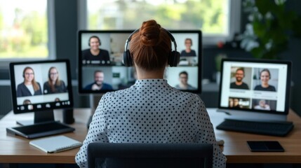 Team in a video call with multiple devices and notebooks, multitasking, remote collaboration