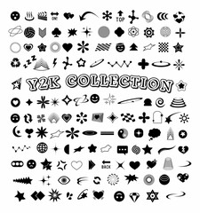 Mega collection of abstract graphic geometric symbols and objects in y2k style.