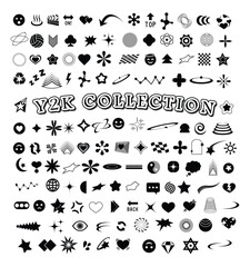 Mega collection of abstract graphic geometric symbols and objects in y2k style.