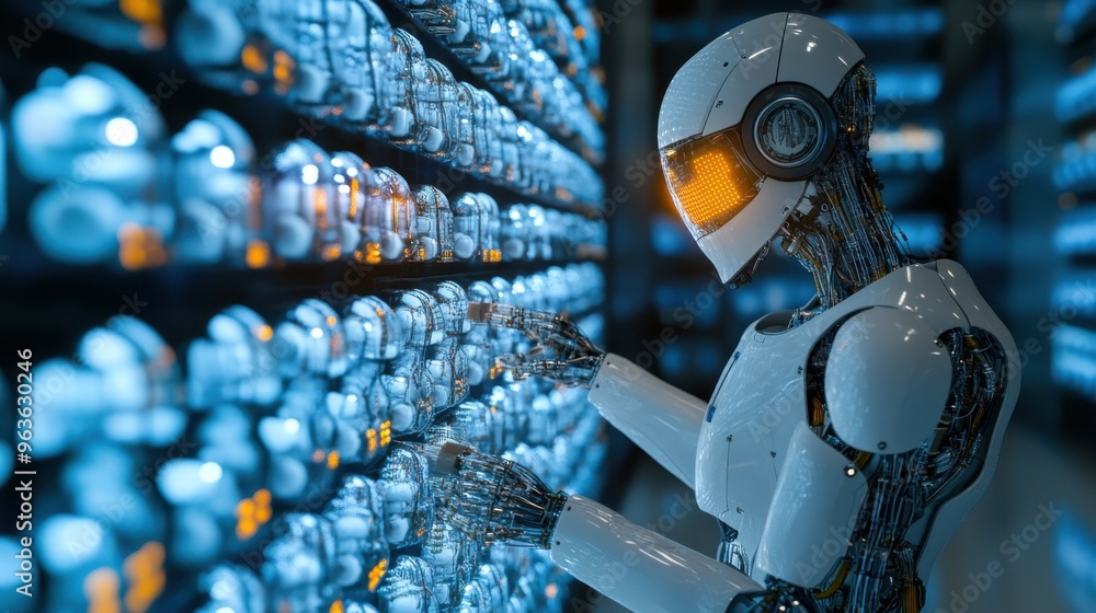 Aufkleber a robot interacts with glowing data displays in a futuristic control room during a technology showca