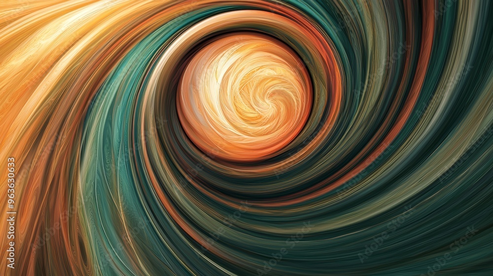 Poster green and orange brush strokes are blending together creating a blurry circular background with copy