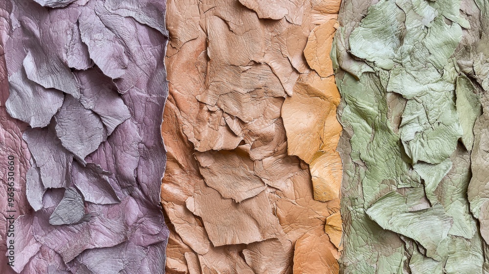 Poster abstract textured background created with three vertical strips of wrinkled paper in different color