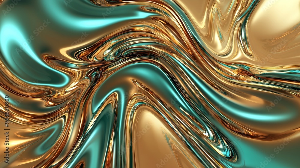 Poster abstract background of a golden and turquoise metallic substance flowing and creating mesmerizing re