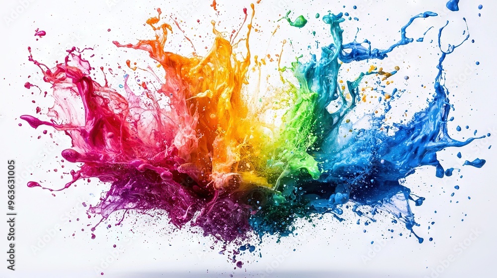 Poster a colorful splash of paint with water droplets at the base and bottom of the image