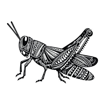 Grasshopper insect in zentangle art, stencil logo, black and white animal illustration