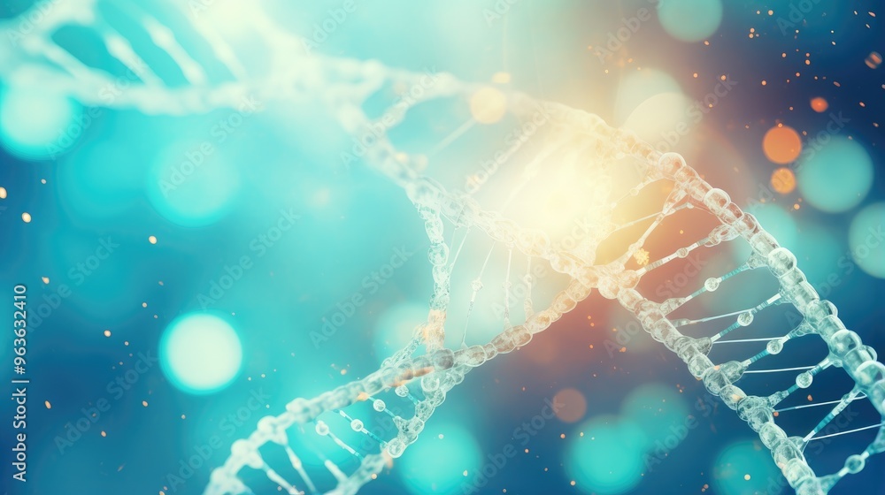 Poster a close-up of a dna strand, with a soft, dreamy background of bokeh lights. this image is perfect fo
