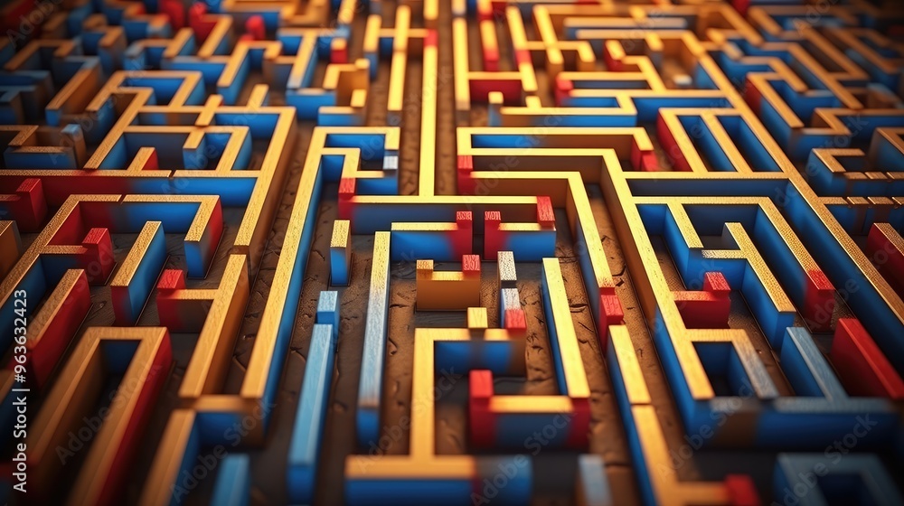 Poster a close-up of a colorful wooden maze with a focus on the intricate details of the path.