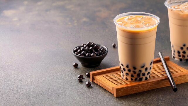 Taiwan bubble milk tea in glasses, tapioca pearl on the side. Copy space.