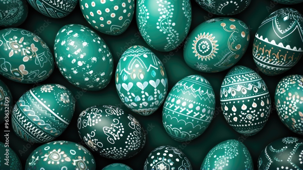 Poster a collection of intricately decorated easter eggs in shades of green and white, creating a visually 
