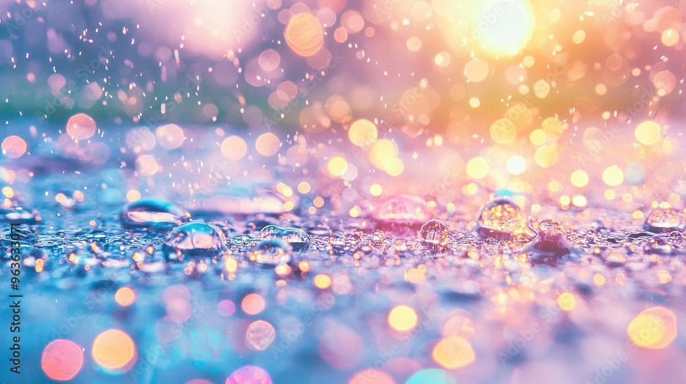 Poster a close-up of water droplets on a surface with a hazy sun shining in the backdrop