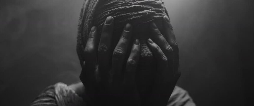 The mummy of a woman holds her face in her hands in a powerful pose