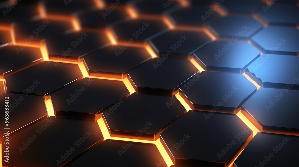 Poster a futuristic abstract background with glowing orange and blue lights. the hexagonal pattern creates 