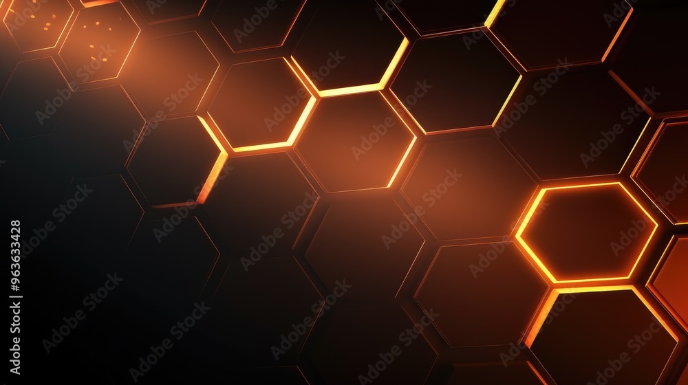 Poster a futuristic abstract background with glowing orange lines forming a honeycomb pattern. the dark bac