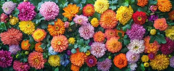 Colorful chrysanthemum flower background, top view of colorful chrysanthemums set in various colors and sizes