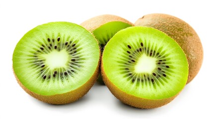 Fototapeta premium Realistic arrangement of fresh kiwis on a white background, highlighting their fuzzy brown skin and bright green interior with subtle shadows