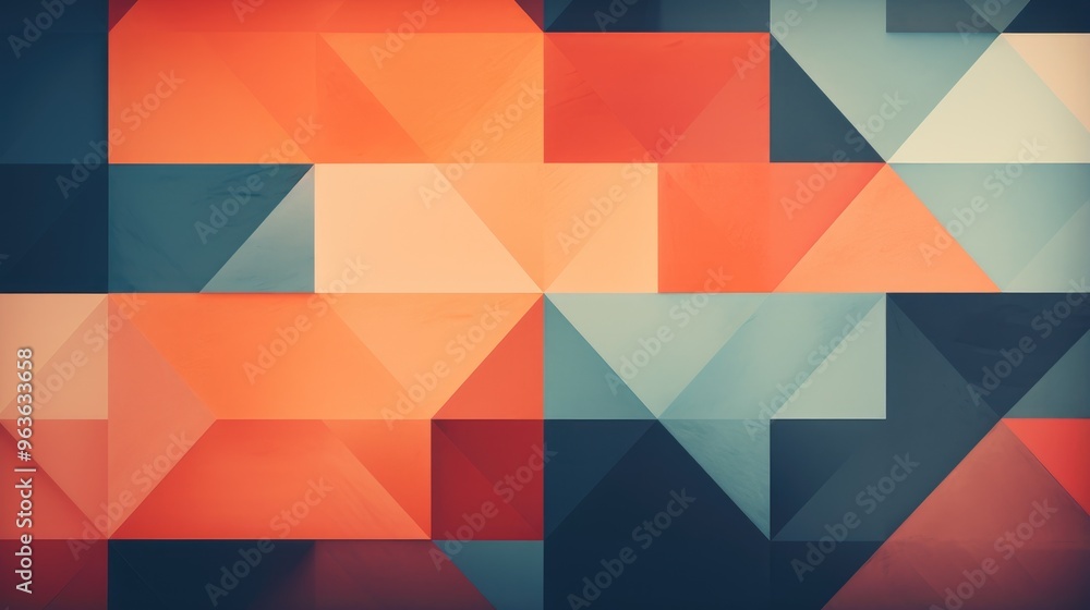 Poster a geometric pattern of triangles in shades of orange, blue, and black. the colors are muted and crea