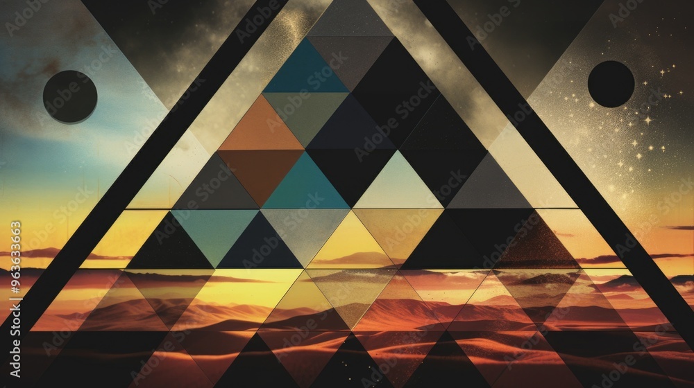Poster a geometric abstract design with a desert landscape in the background. the image is composed of tria