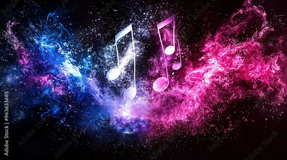 Poster a colorful backdrop of stars and smoke with floating notes