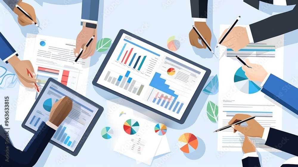 Poster a group of business people are working together on a project. they are looking at charts and graphs 