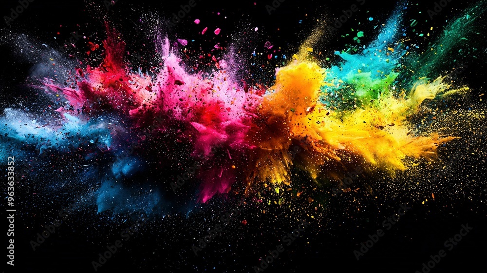 Poster a multicolored powder swirls through the void on a black backdrop, inviting text to fill its empty s