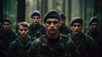 Fototapeta premium A group of soldiers in camouflage gear stand in a forest, their faces obscured by shadows.