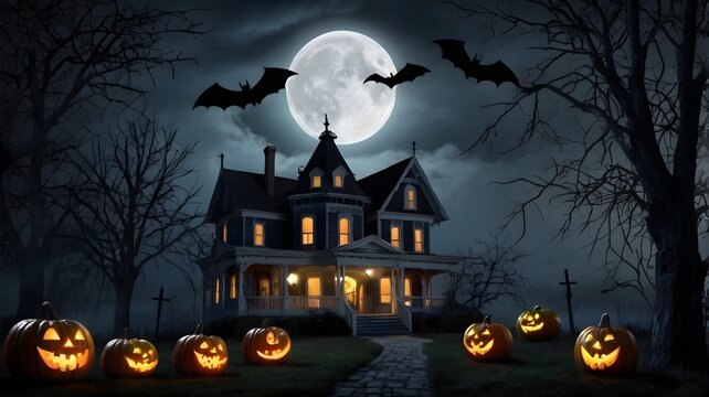 Halloween night, haunted house, full moon, eerie fog, cobwebs, bats