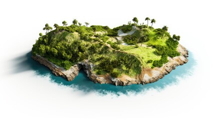A lush, tropical island with palm trees and cliffs, surrounded by turquoise water.