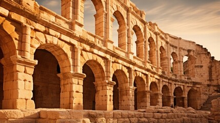 Fototapeta premium A majestic Roman amphitheater stands tall against a soft, golden sky.