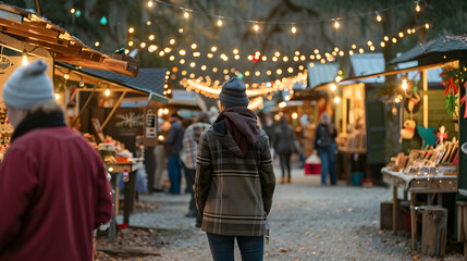 Colorful stalls filled with holiday decorations, handmade goods, and cheerful vendors at a festive market.