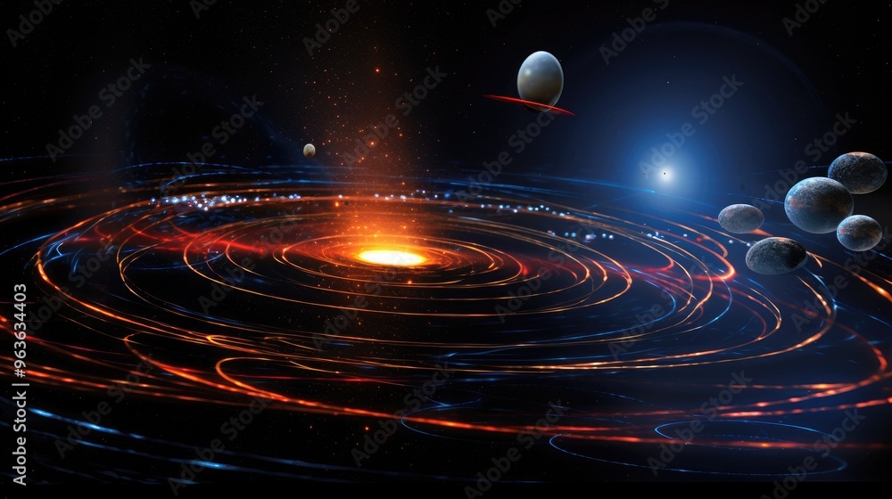 Poster a mesmerizing cosmic scene featuring a vibrant nebula with swirling colors and a cluster of planets 
