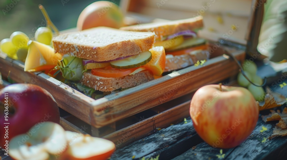 Poster a wooden box with a sandwich and a few apples on it. the sandwich is cut in half and has a pickle on