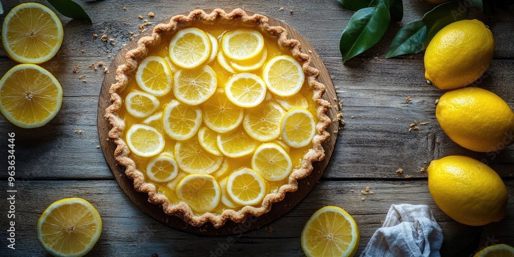 Poster a yellow lemon pie sits on a wooden table with several lemons scattered around it. the pie is the ma