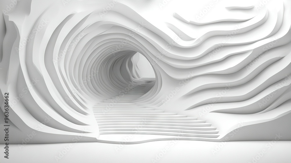 Poster a 3d rendering of a tunnel with white walls and a long staircase leading up to its top