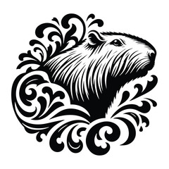Fototapeta premium Capybara with victorian flourish decoration, stencil logo, black and white animal illustration