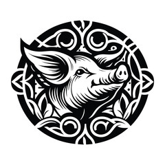 farm Pig with art nouveau decoration, stencil logo, black and white animal illustration