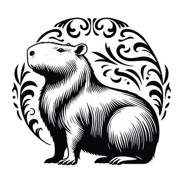 recommend clip art: Capybara with victorian flourish decoration, stencil logo, black and white animal illustration