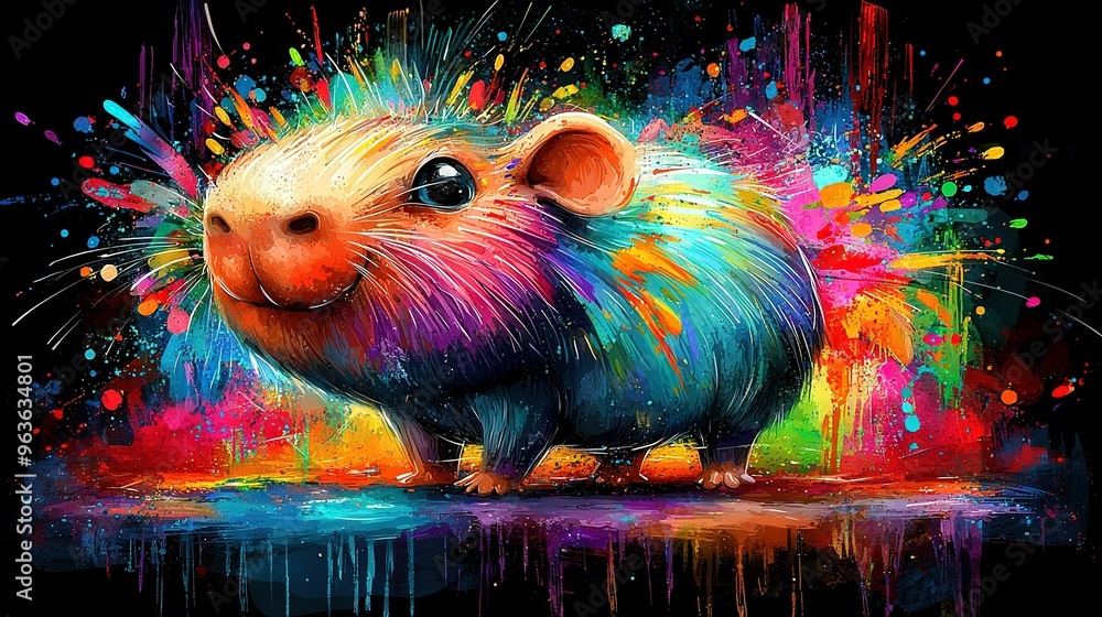 Poster a vibrant rat with splashed paint on its face and tail stands before a dark backdrop in this strikin