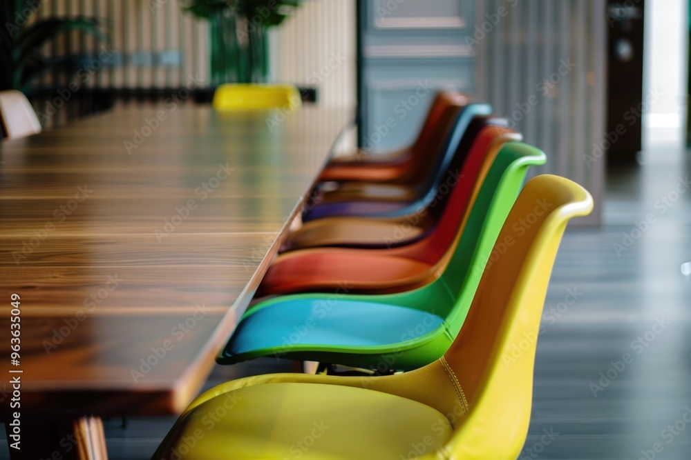 Poster a table with a variety of colorful chairs around it. the chairs are arranged in a way that they are 