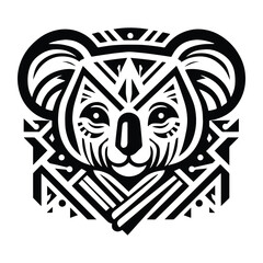 Obraz premium Koala with art deco decoration, stencil logo, black and white animal illustration