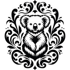 Fototapeta premium Koala with victorian flourish decoration, stencil logo, black and white animal illustration