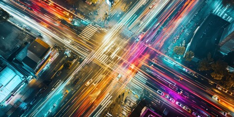 Fototapeta premium A busy city intersection at night, with the dynamic movement of vehicles, creates a fascinating pattern of light paths