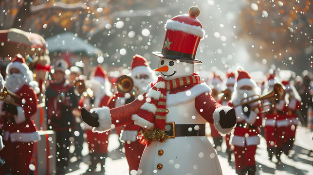 Exciting holiday parade celebrating with vibrant floats and marching bands in the streets.