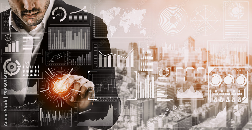 Poster big data technology for business finance analytic concept. modern interface shows massive informatio