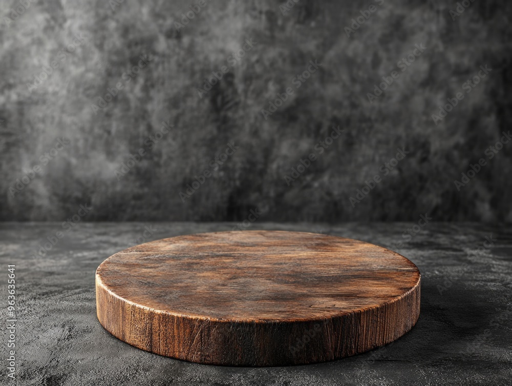 Poster a wooden round table with a grey background. the table is empty and has a rustic look