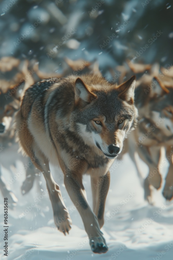 Poster a pack of wolves are running through the snow. the wolf in the middle is the largest and is leading 
