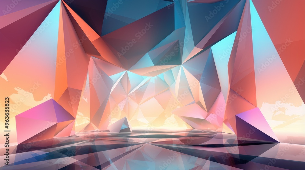 Poster a vibrant abstract background with geometric shapes and a reflective surface.