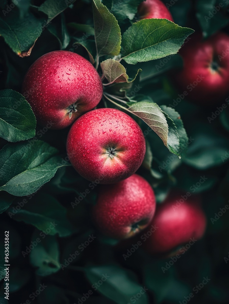 Poster a bunch of red apples hanging from a tree. the apples are shiny and wet, and they are surrounded by 